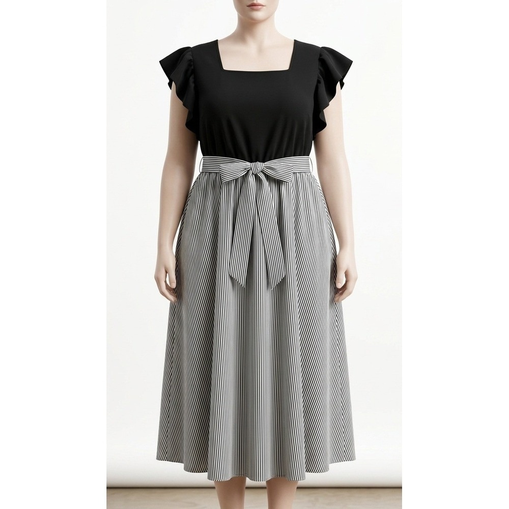 Plus Size 4X Black Stripe Colorblock Flutter Sleeve Midi Dress Cottagecore